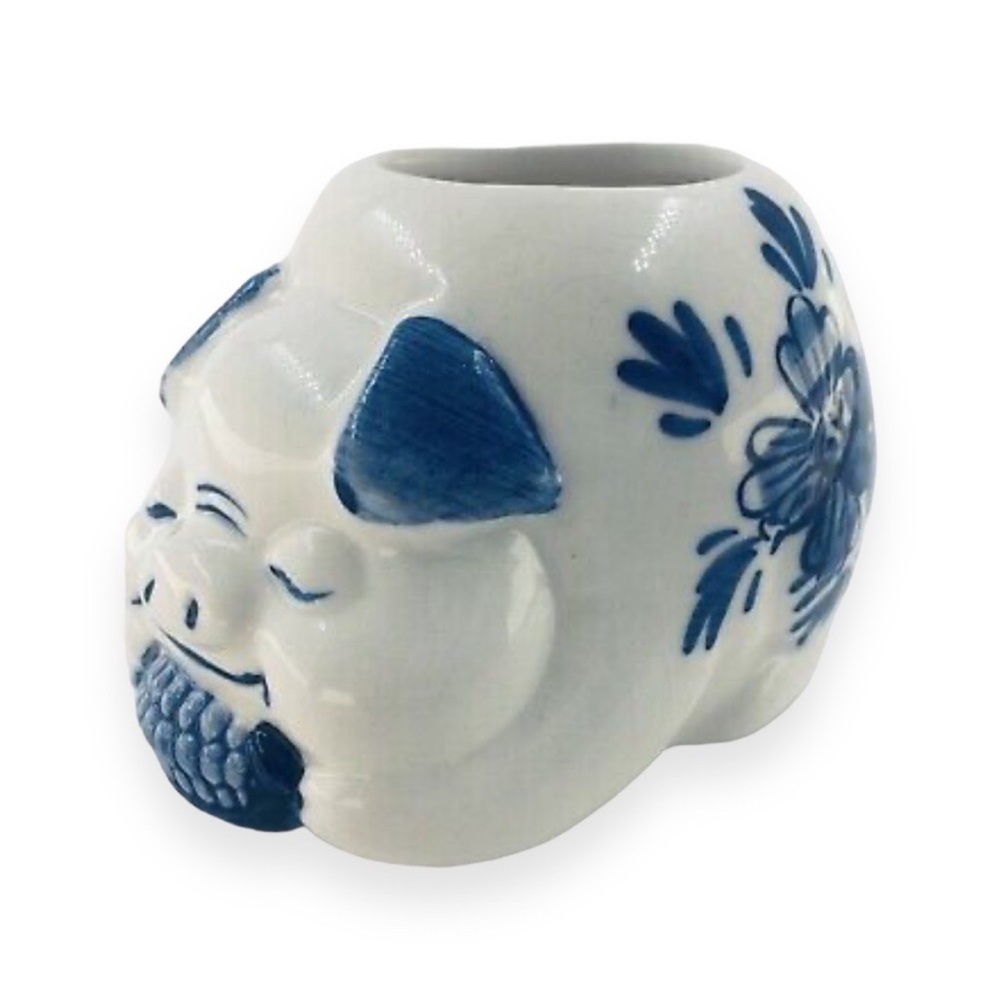 Delft Blue Porcelain‎ Pig Toothpick Holder Hand Painted Figurine Vintage 1984 - Picture 2 of 4